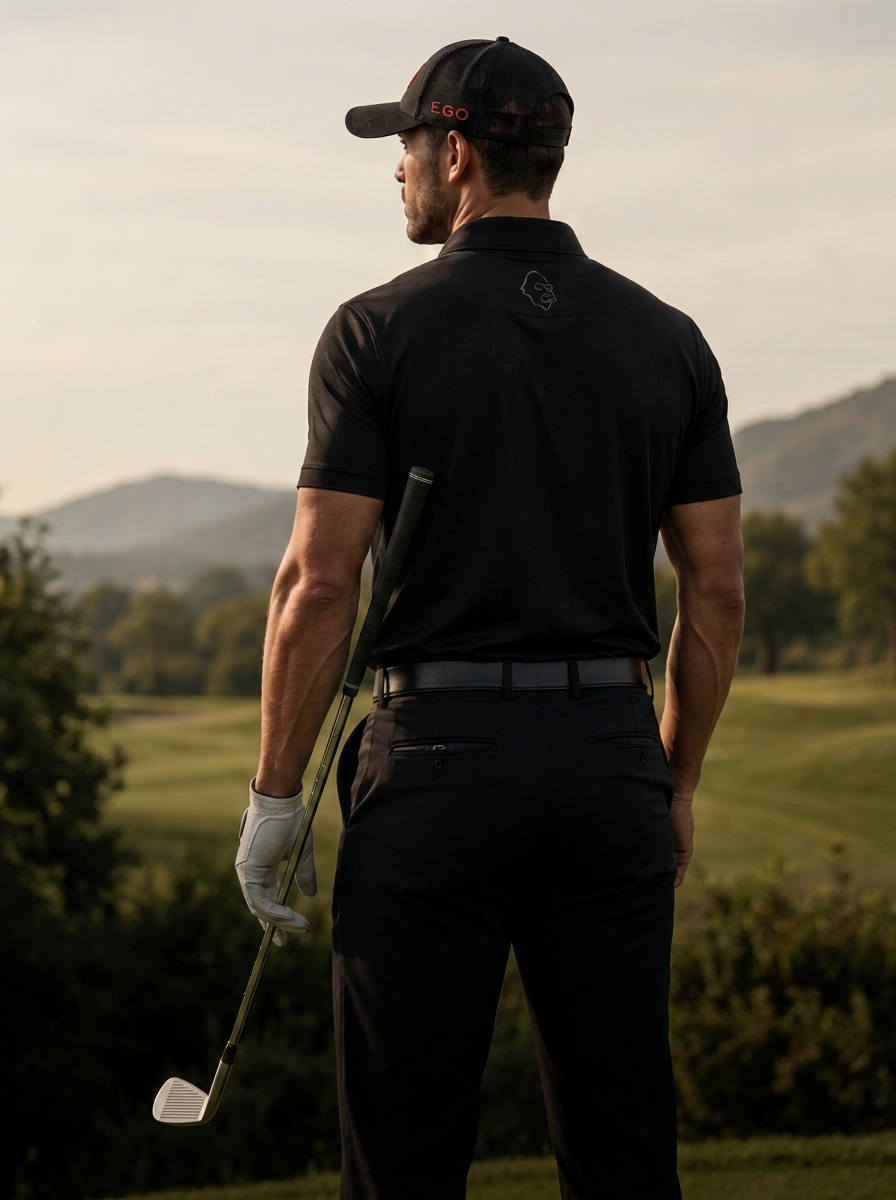 Golfer standing on an elevated tee box overlooking a course at sunrise