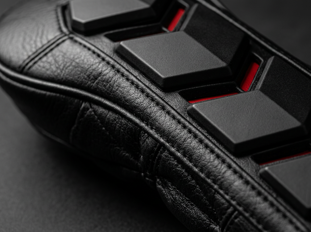 Premium black leather grain, seams and stitching detail