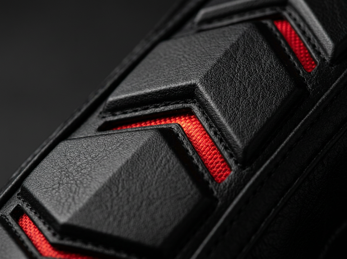 Macro view of the recessed Performance Red underlayer beneath black spine plates